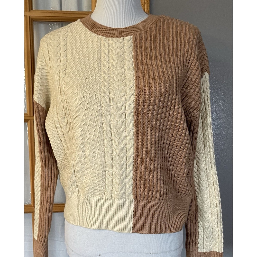 Express Crop Pullover Sweater Womens Sz S Ivory Tan Colorblock Modern Classic